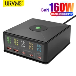 URVNS 160W GaN USB C Desktop Charger with LED Display, 6-in-1 Wireless Charger PD 65W QC3.0 Fast Charging Station Power Adapter