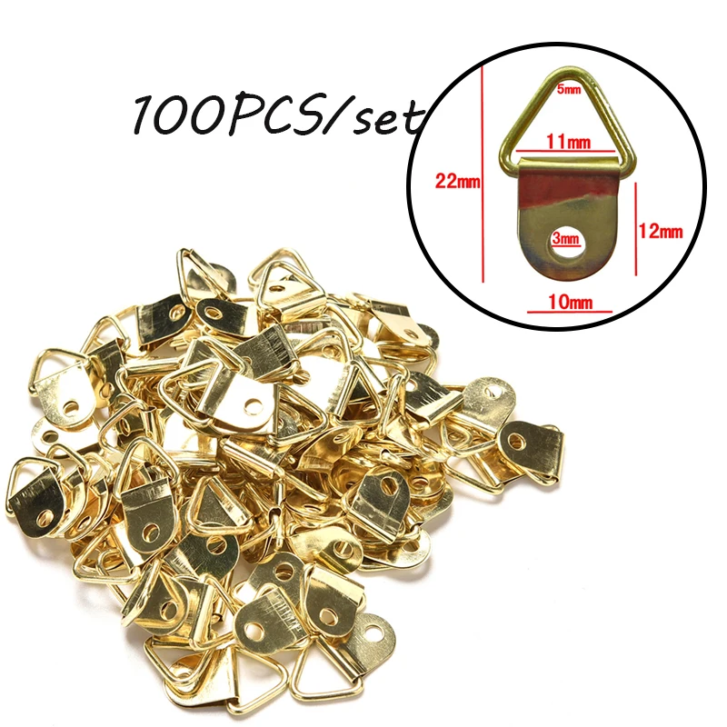 100pcs/Set Universal Strong Golden D Rings Decor Picture Frames Hanger Hooks Hanging Triangle With 100pcs Screws Helper