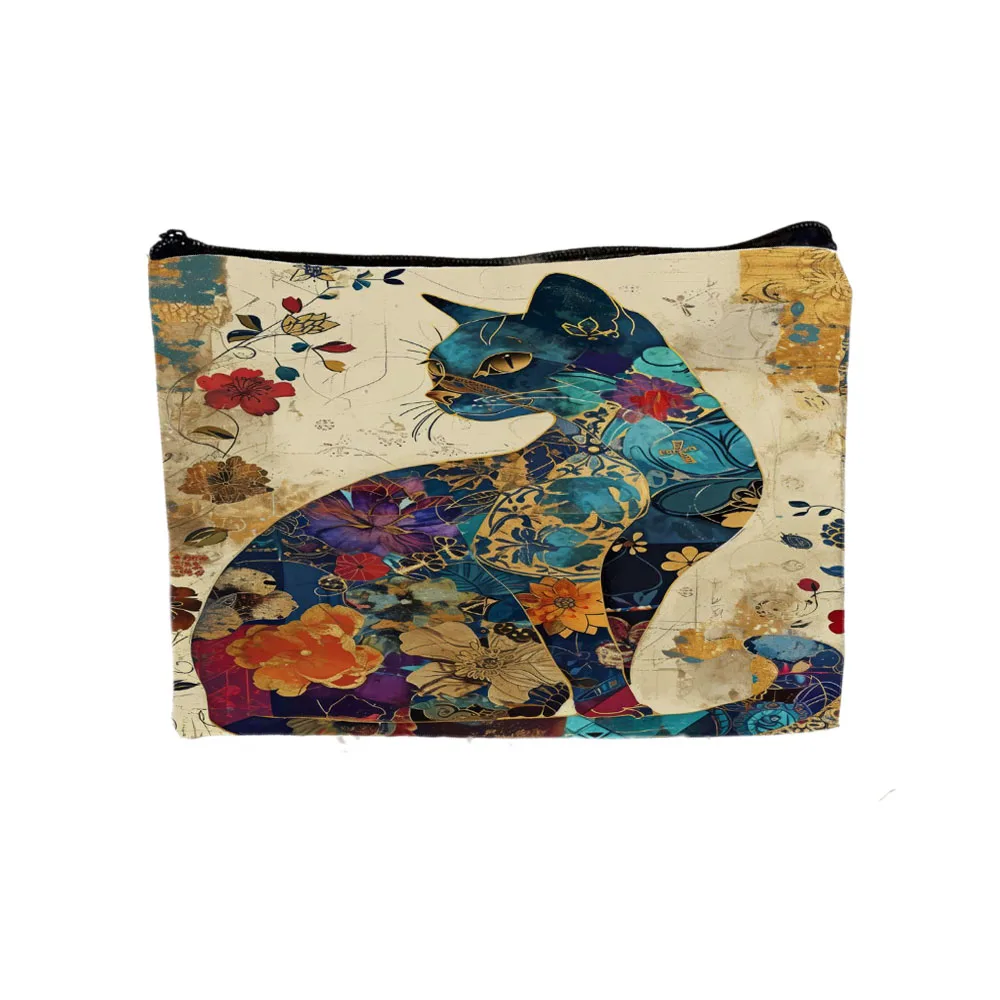 Schicke Retro-Blumen-Katze-Einkaufstasche, ethnischer Stil, Make-up-Tasche, Aufbewahrung, lässiges Einkaufen, Umhängetaschen, Damen-Handtasche, Kulturbeutel – Detail 4