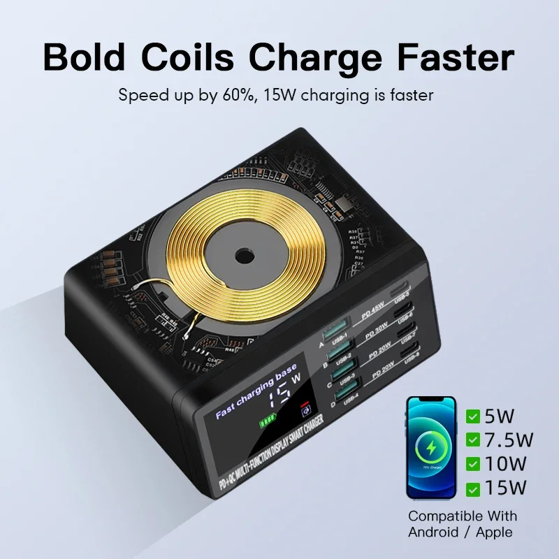 110 واط 8 منافذ USB محطة شحن 15 واط شحن لاسلكي PD 45 واط QC3.0 نوع C شاحن سريع آيفون 15 برو ماك بوك سامسونج X9D