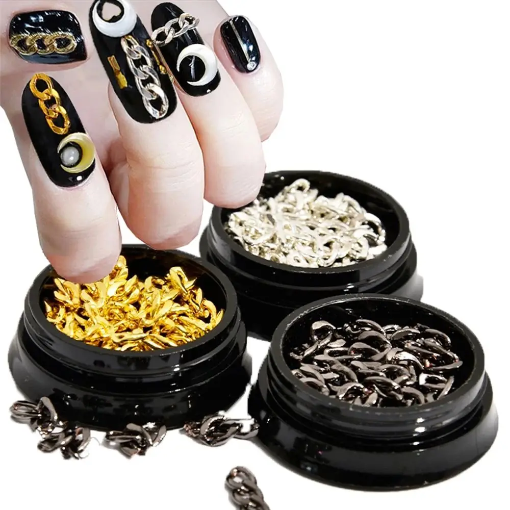 Schwarze Maniküre Zubehör Nail Art Metall ketten 3D Nail Art Dekorationen Nagel Charms Nagel 3-teilige Knopf ketten