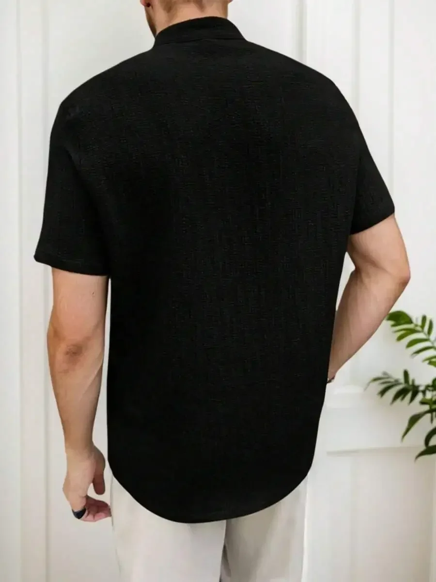 

Mens Solid Color Short Sleeve Casual Woven Shirt With Mandarin Collar