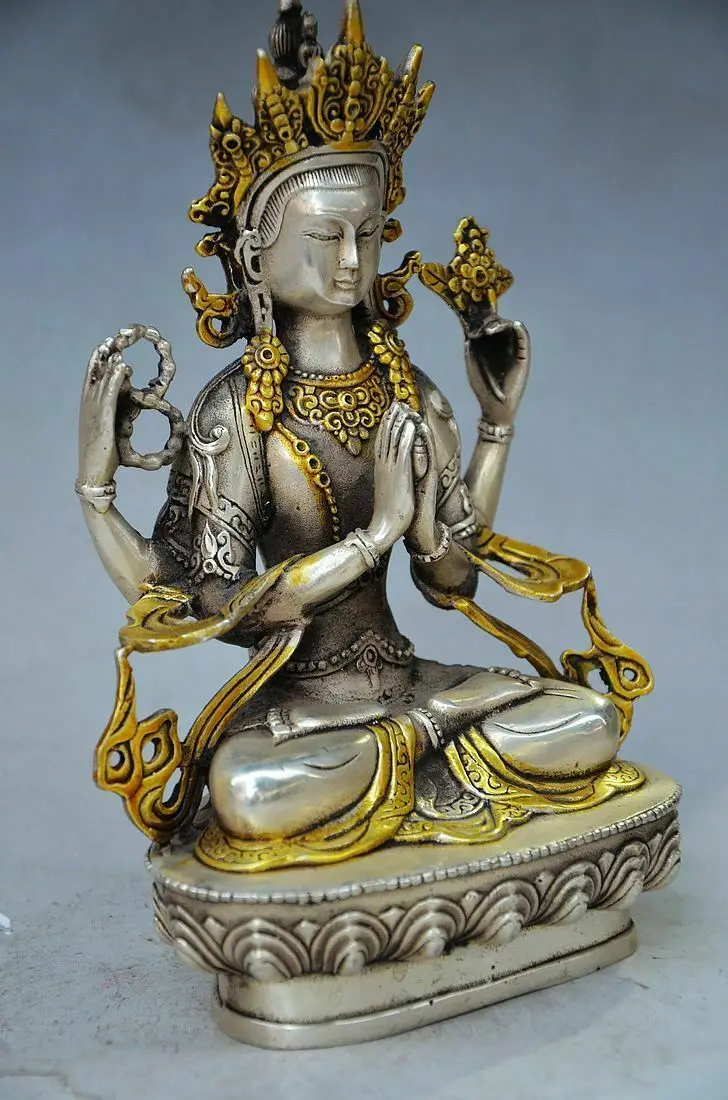 EXQUISITE CHINESE Tibet SILVER GILT HANDWORK CARVED TIBETAN BUDDHISM STATUE RT