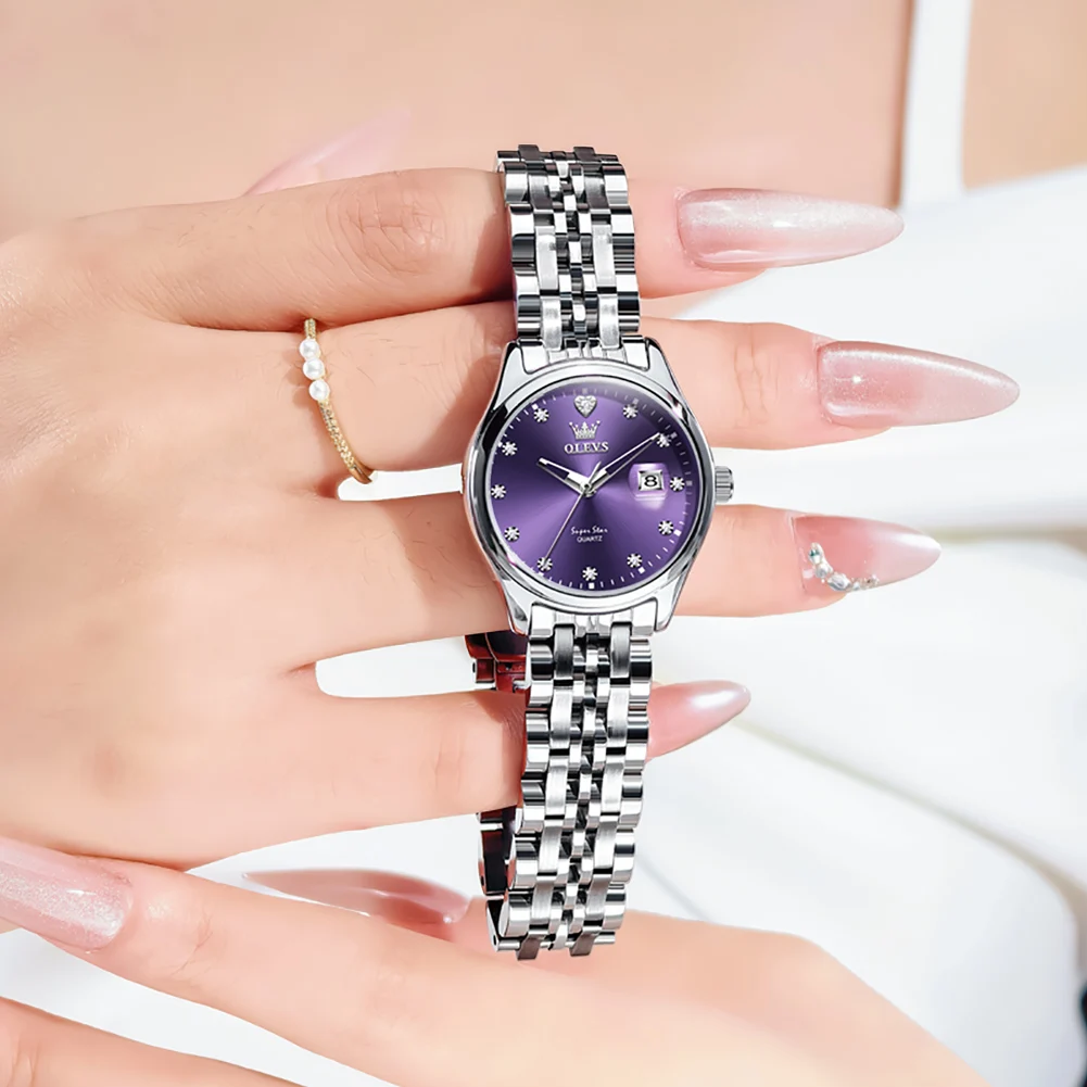 الماس الأرجواني الهاتفي الساعات للمرأة ساعة الموضة الفولاذ المقاوم للصدأ الكوارتز مقاوم للماء تاريخ مضيئة ساعة اليد النسائية ﻿