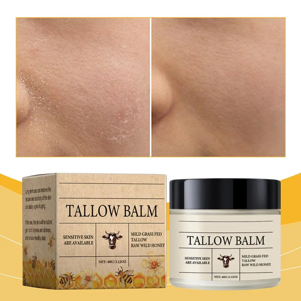 60g batido Tallow de ternera y bálsamo de miel crema facial hidratante Tallow de ternera loción corporal hierba alimentada crema facial terminada cuidado