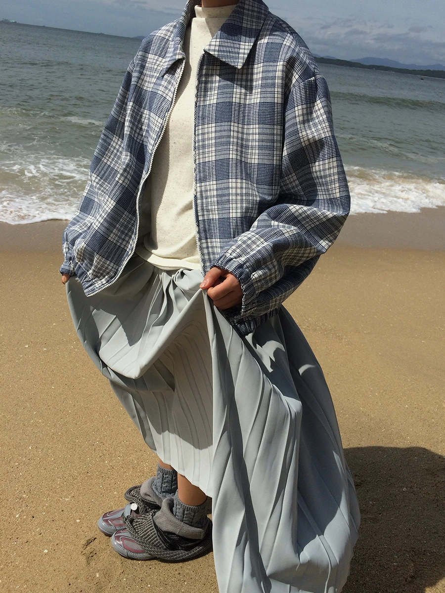 

Spring 2025 Korean Sle Design ort Loose Women's Plaid Collar Jaet Versatile Casual Warm Fitted Elastic Waist Zipper