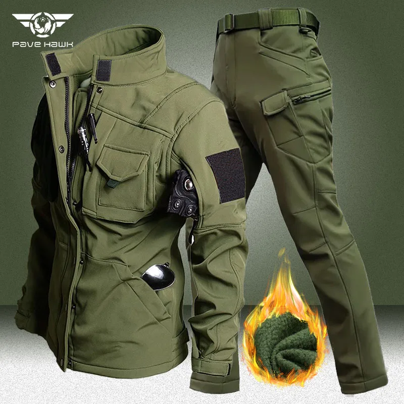 

Мужской военный флисовый теплый комплект, водонепроницаемый жакет со множеством карманов и армейские ветрозащитные боевые брюки, комплект из 2 предметов, Тактический Костюм с мягкой оболочкой