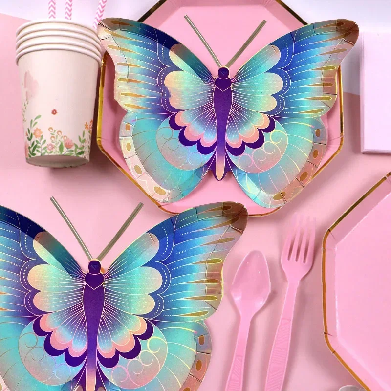 Colorful Butterfly Shaped Disposable Plate Hot Stamping Gold Butterfly Paper Plates Girls Happy Butterfly Birthday Party Supplie