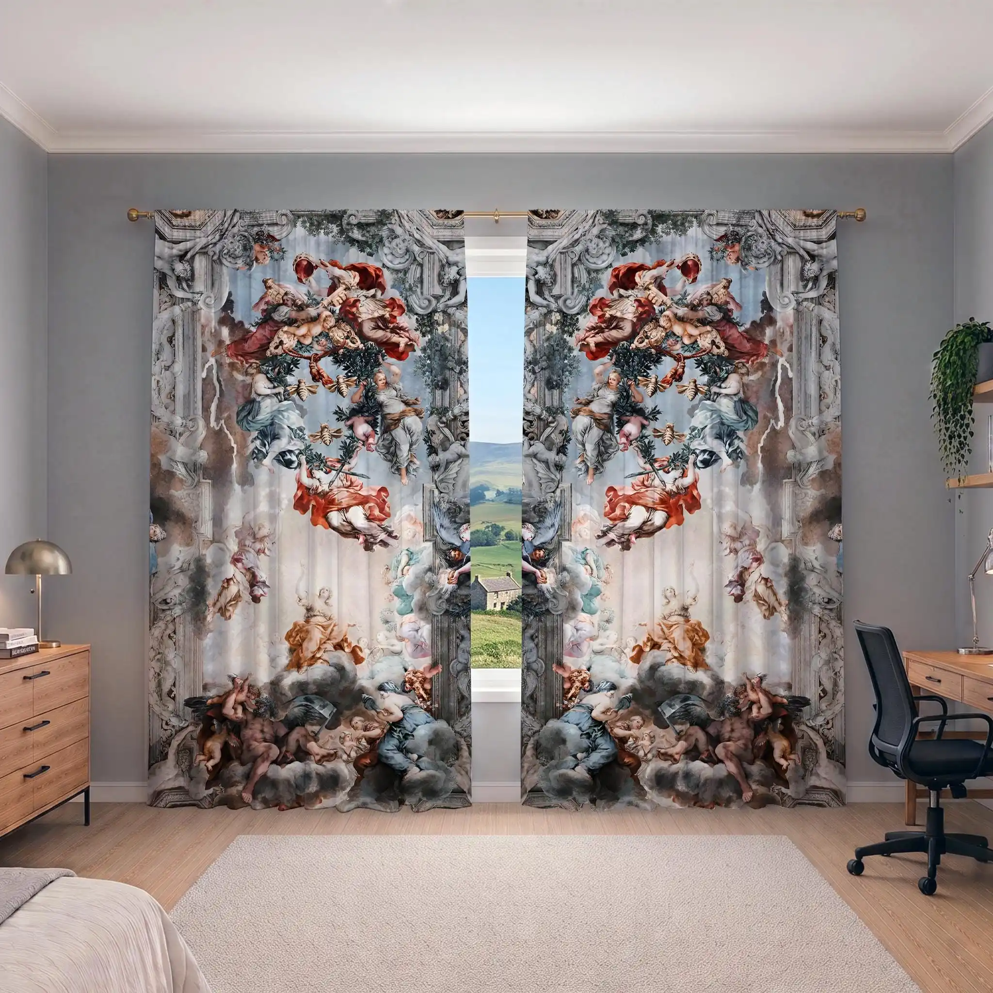 Grand Baroque Art Print Curtain Panel for Living Room Home Decor Luxury Renaissance Style Window Treatment