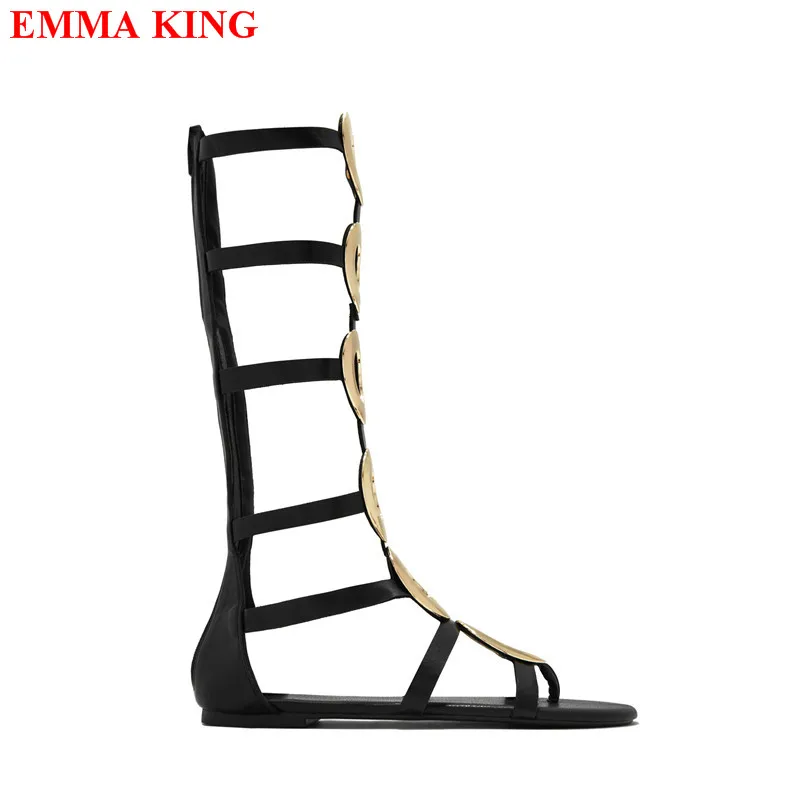 Sexy Women Black Metal Caged Gladaitor Sandals 2023 Summer Hollow Out Peep Toe Knee High Sandals Boots Flats Casual Shoes Woman