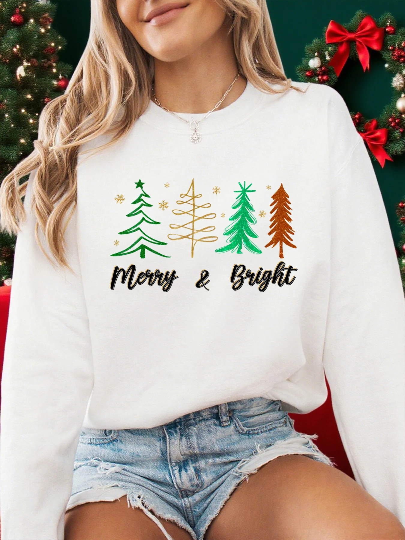 

Merry Christmas Tree Prints Womens Pullovers Soft Casual Sweatshirts Winter Oversize Streetwear Crewneck Fleece Clothing