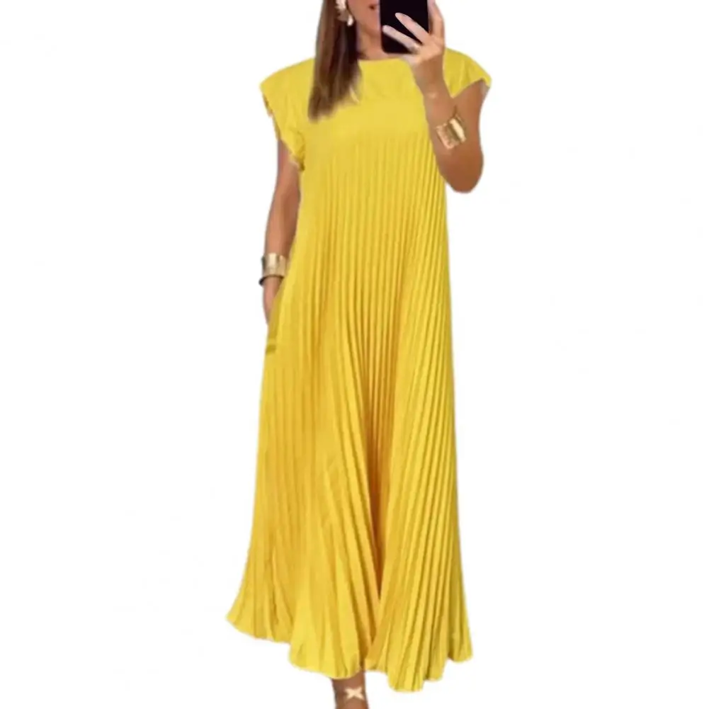 Robe Maxi Plissée à Col Rond pour Femme, Élégante, avec Poches Latérales, Respirante, Ligne A, Couleur Unie, pour les Vacances, Été