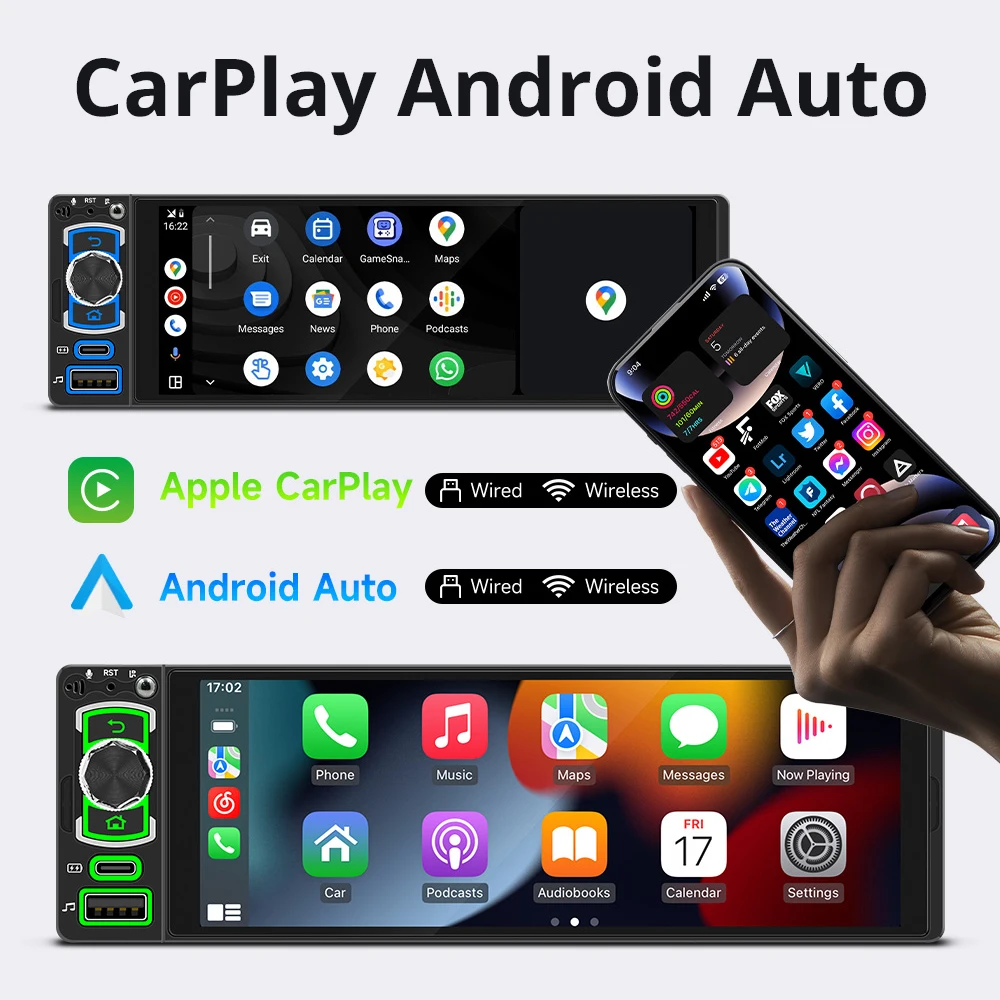 Car Radio 1Din 6.28Inch Car Stereo WIreless Carplay Android Auto Mirror Link Bluetooth USB Type-C Fast charging FM MP5 Player