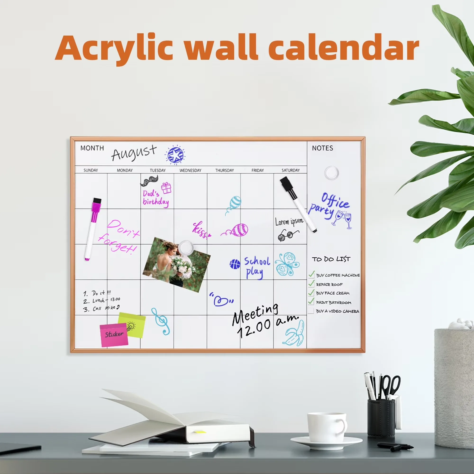 Deli Magnetic Monthly Calendar Whiteboard 17x23 Inch Dry Erase Board Rose Gold Frame for Wall Office Home School