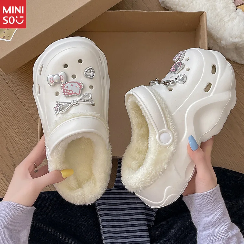 

Miniso 2022, женские плюшевые тапочки, осенне-зимние новые, милые, на толстой подошве, увеличивающие рост, противоскользящие, теплые, съемные