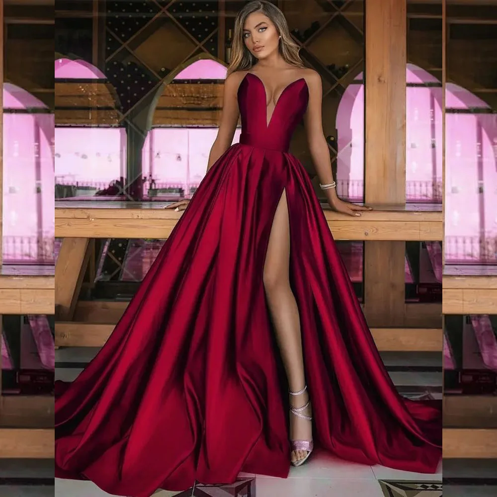 

Classic Strapless Satin Pleated Prom Dress for Women A-line Backless Court Prom Party Gown with Side Slit vestidos de festa 2024