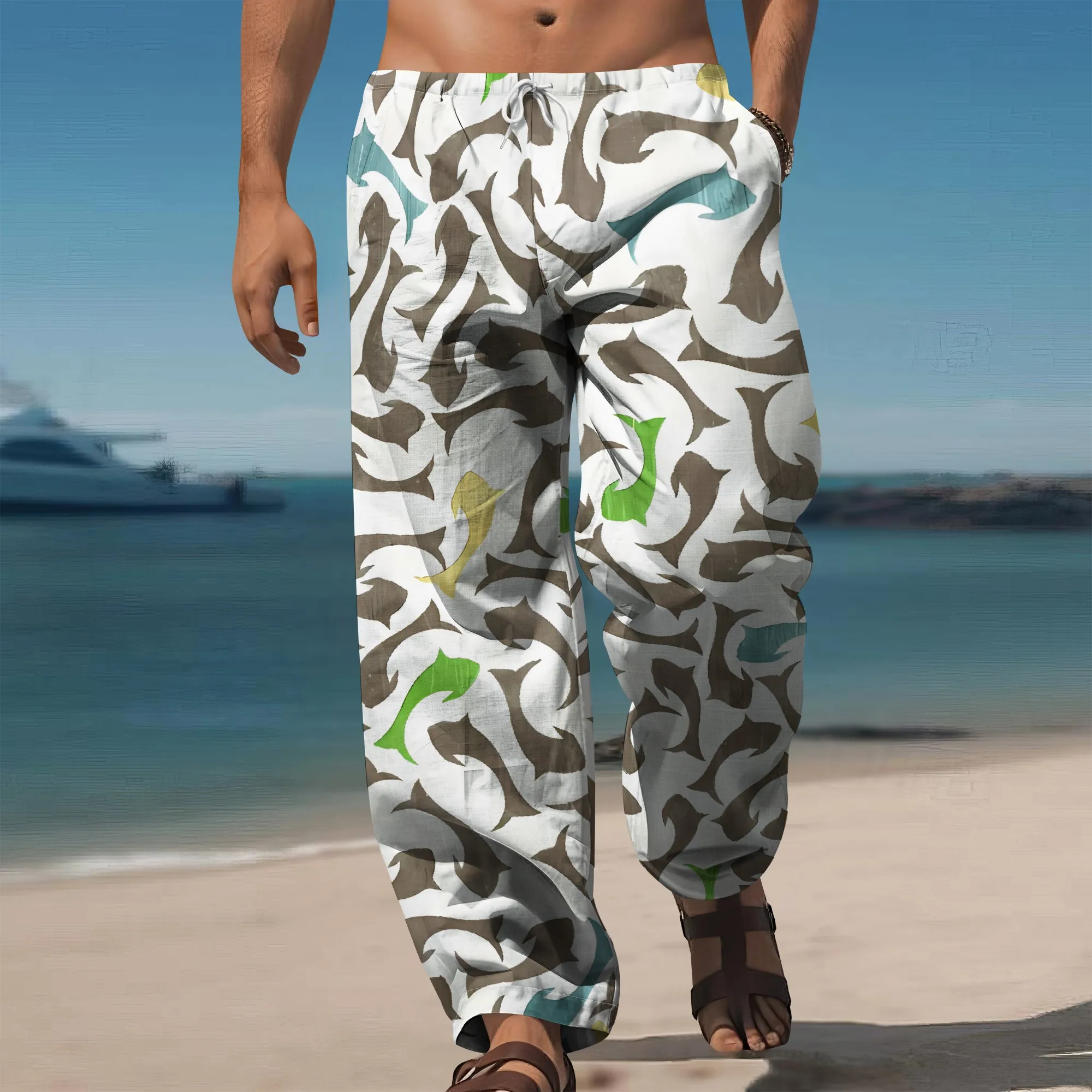 

YEAE Fish Pattern Print Pants for Men Summer Casual Loose Drawstring Trousers