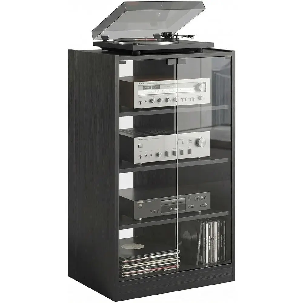 4-Tier Stereo Cabinet with Adjustable Shelves, Vinyl Record Player Stand, Gaming Shelf, Push-to-Open Glass Door, Cable Managemen