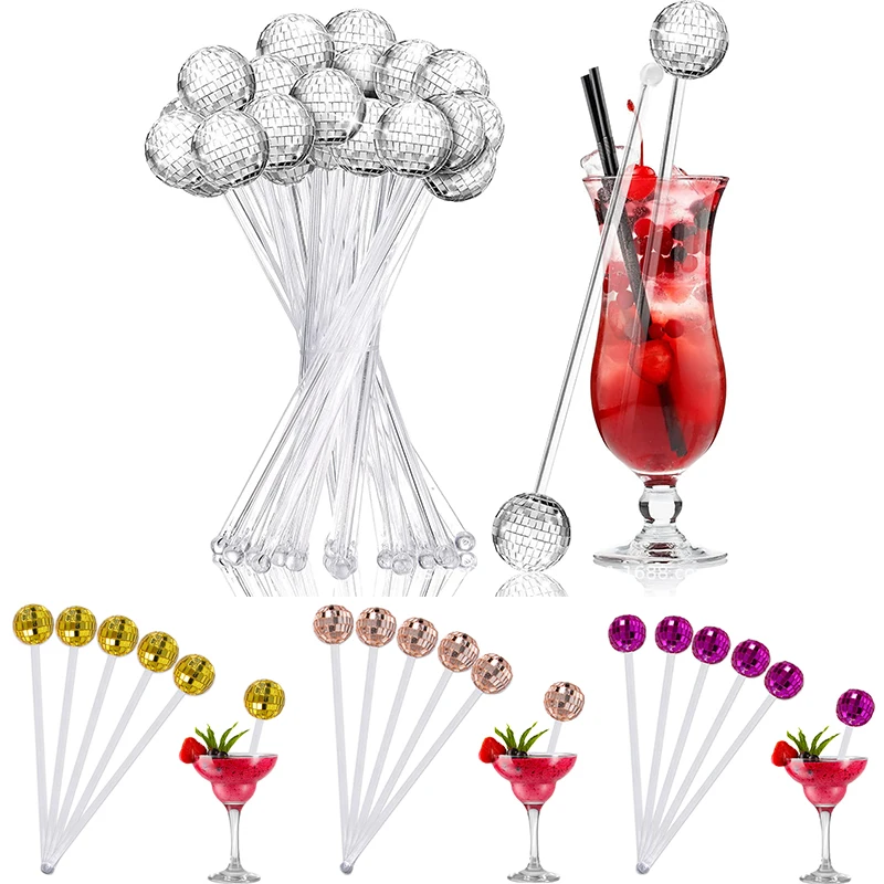 5/20Pcs Disco Balls Cocktail Stirrers Gold Silver Mirror Disco Ball Stick Coffee Beverage Stirrers for 70s 80s Theme Party Decor