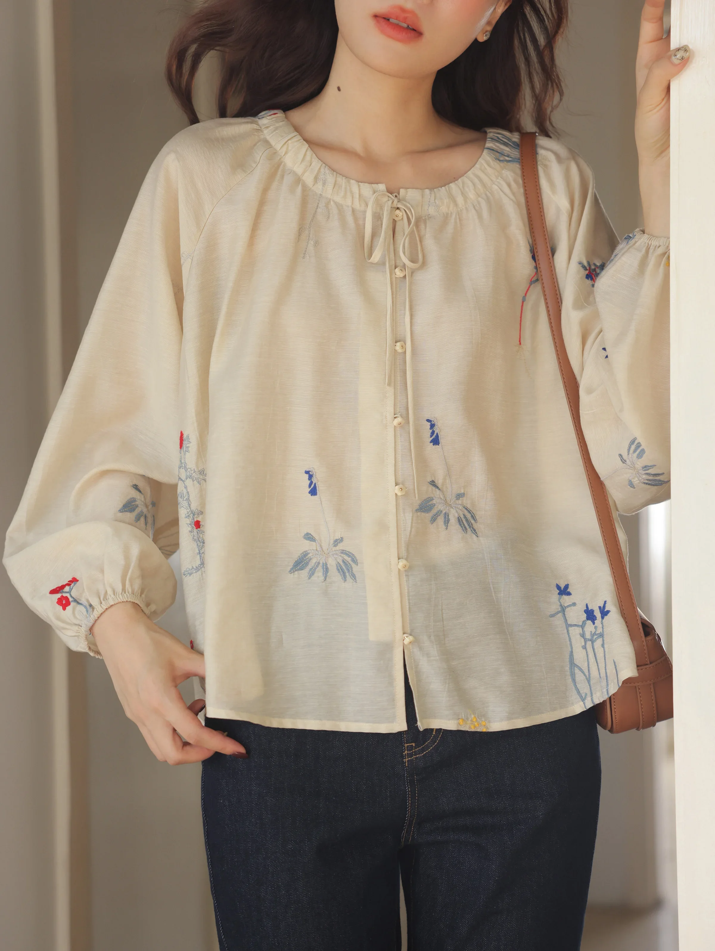 Vintage Chinese Style Embroidered Blouse Women Loose Fit Raglan Sleeve Tie-Neck Shirt Elegant Casual Spring Top for Daily Wear
