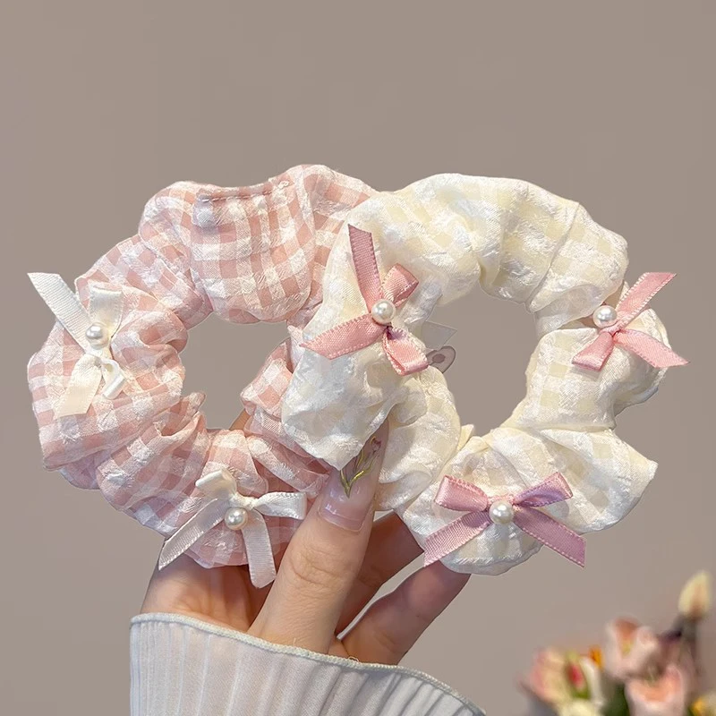 

AISHG Sweet Pink White Checkered Butterfly Knot Hair Rope Women's Korean Fashion Versatile Hairband Girls Hair Accessories