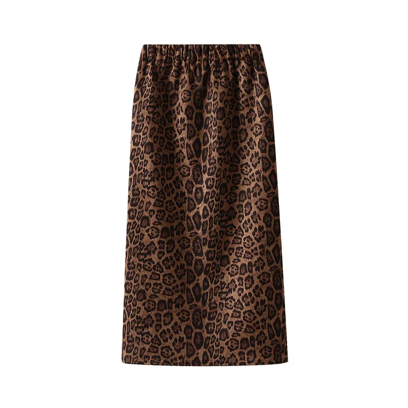 2024 Autumn New Korean Edition Suede Elastic Waist Leopard Pattern Half Skirt with Hip Wrap