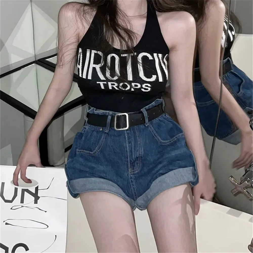 Women Vintage Summer Rolled Denim Shorts With Belt Zipper Pockets Female Retro Casual Wide Leg Jeans Shorts Black Pantalones