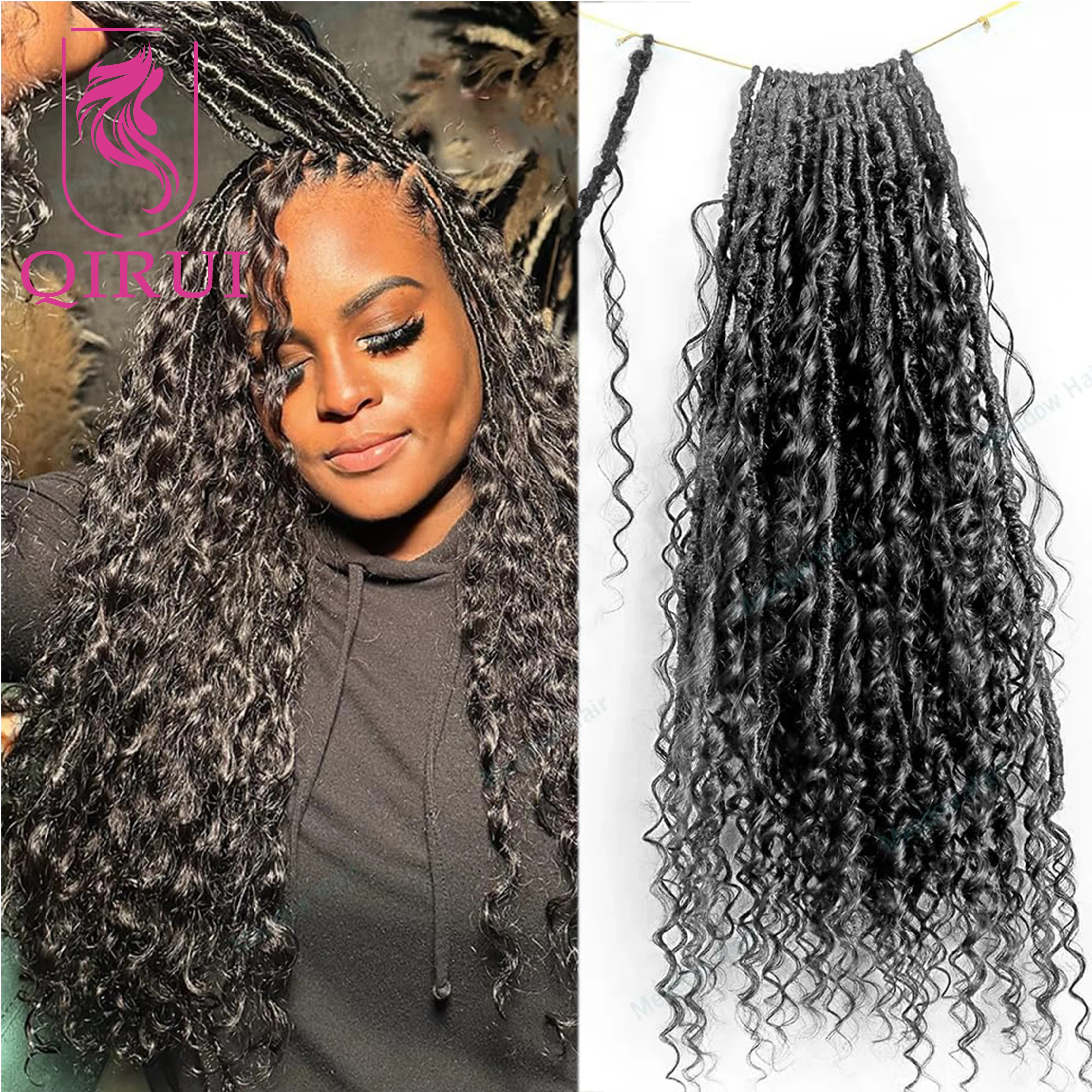 بوهو الكروشيه Locs مع تجعيد الشعر البشري الطبيعي قبل يحلق فو آلهة المجدل تجديل الشعر مع أطراف مجعد الشعر البشري #1