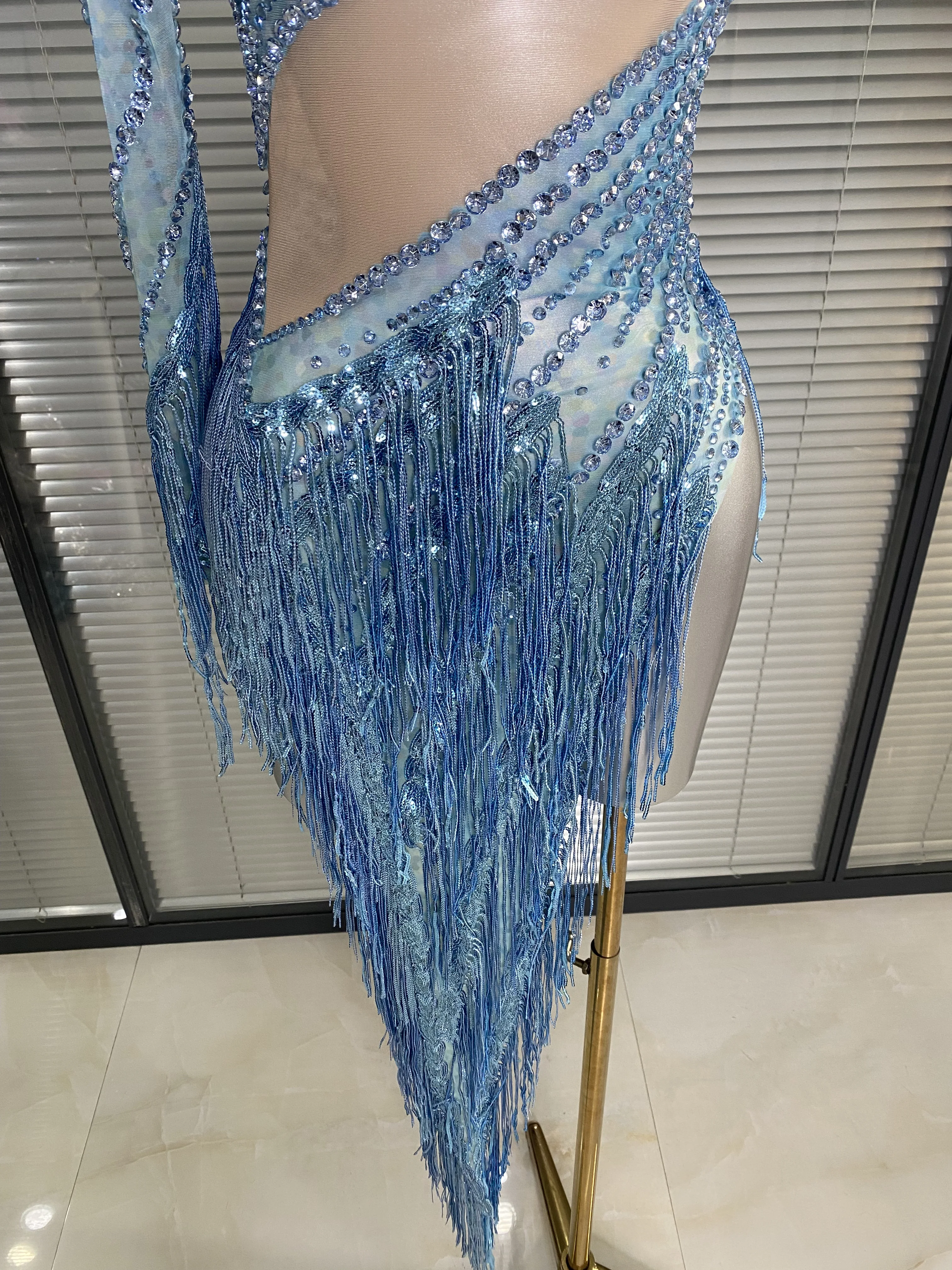 Women Sexy Sparkly Rhinestone Tassels Blue Mesh See Through High Split Short Birthday Dress Party Nightclub Performance Costume view 6