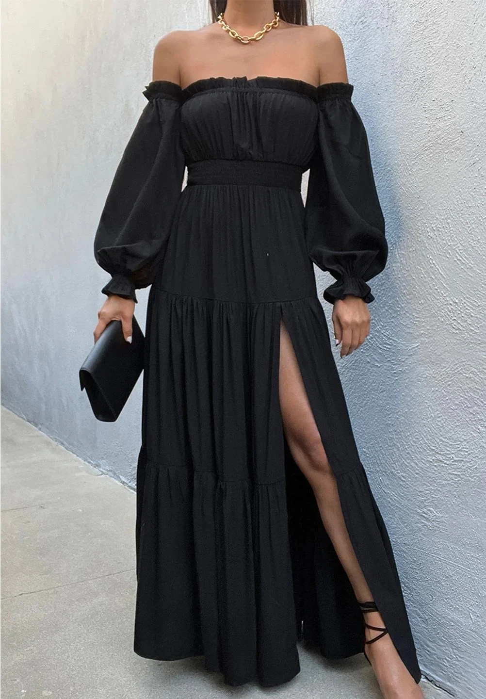 

New Fashionable and Elegant One Piece Collar Shoulder Exposed Lotus Leaf Edge Long Sleeve strapless Dress for Women