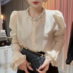 Women Spring Summer Fashion Loose Diamonds Solid color O-neck flare sleeve Shirts Ladies elegant All-match temperament tops