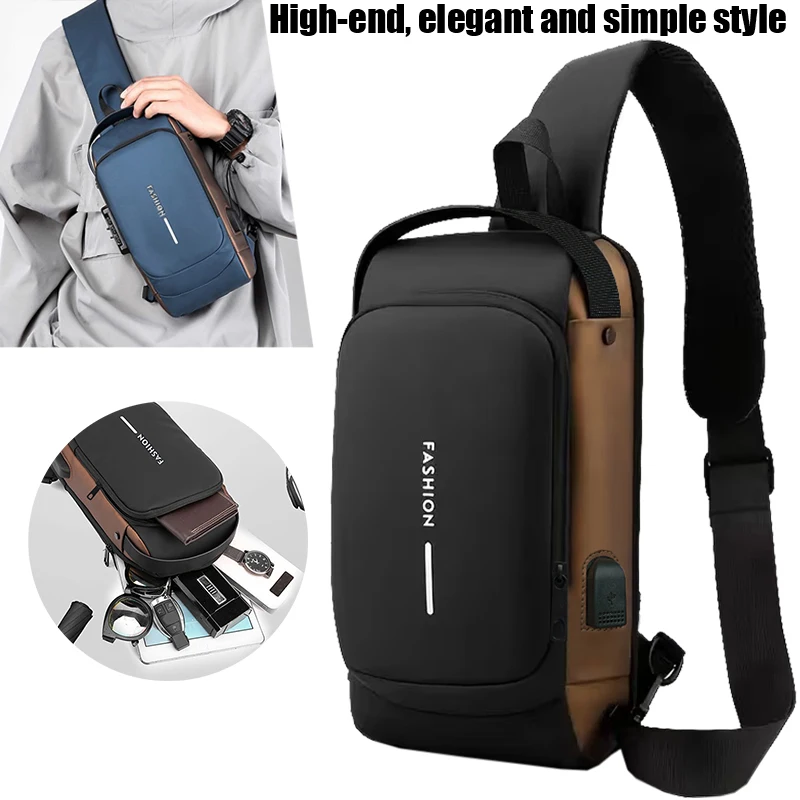 Men Hard Shell Sling Chest Bag, Waterproof Crossbody Shoulder Pack, Trendy Anti-theft Daypack with USB Charging Port gallery 2