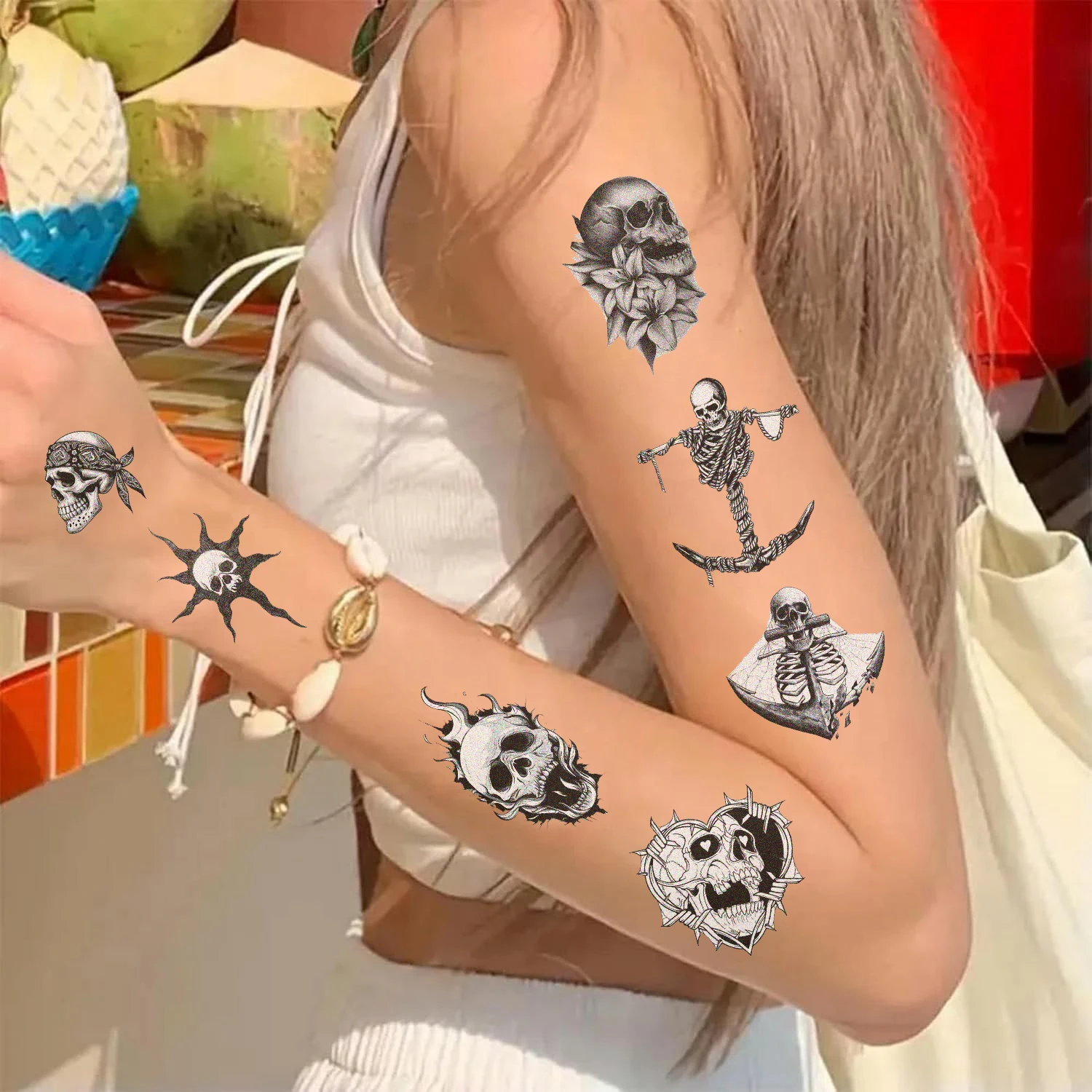 10pcs Halloween Tattoo Skull Flower for Women Men Flowers Temporary Tattoos for Hand Chest Wrists Finger Body Art