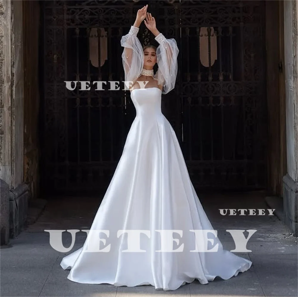 UETEEY personalizado Simple 2 piezas mangas abullonadas crepé sirena vestido de novia para mujer cremallera trasera tren desmontable vestido de novia