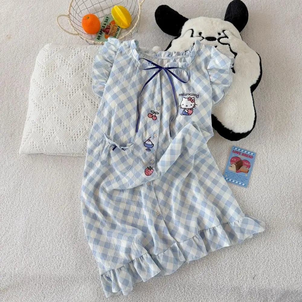 

Летняя ночная рубашка из чистого хлопка Hello Kitty с нагрудником для женщин Sanrio, милое платье с короткими рукавами, милая домашняя одежда для девочек