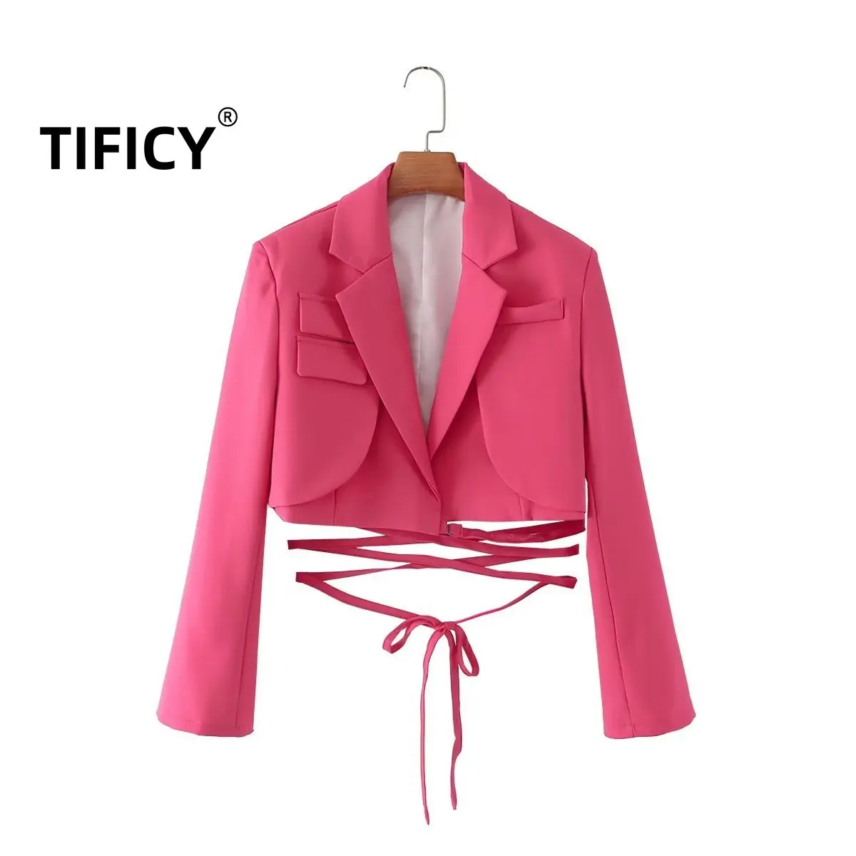 TIFICY Korean Edition Blazers Crop Tops Women\'s Fashion Solid Color Waist Tie Rope Short Suit Coat