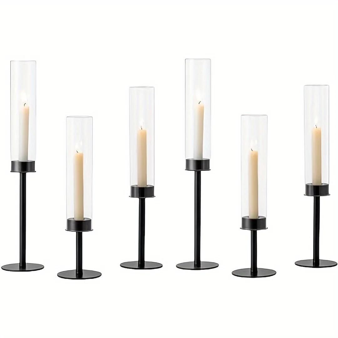 6 Pack Black Hurricane Candle Holders with Glass Shades Elegant Centerpiece for Wedding Christmas Party Decor candelabro mimbre