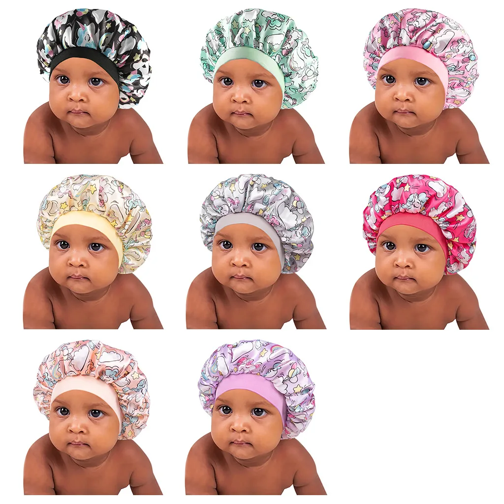 2-8Y New Fashion Elastic Print Baby Shower Cap Headband Adjustable Wide Edge Baby Night Sleep Cap Children Curly Hair Care Cap