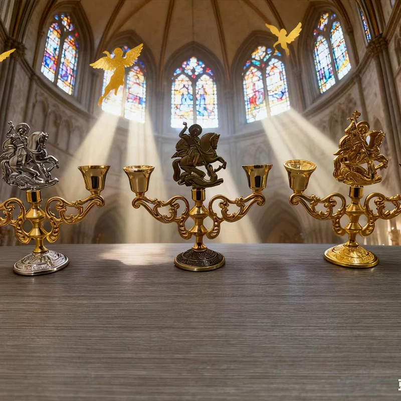 Neuer dreifarbiger St.-Georgius-Altar-Kerzenhalter mit Doppelbechern für Kirchenliturgie, Gebet, religiöse Andacht, christliche Dekoration, Geschenk – Detail 5