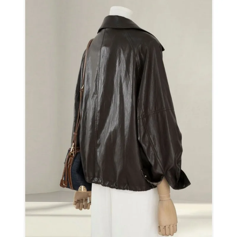Women Cool Stylish Spring Style New Small-sized Pu Leather Motorcycle Coat High-end Super Popular Coffee-colored Leather Jacket