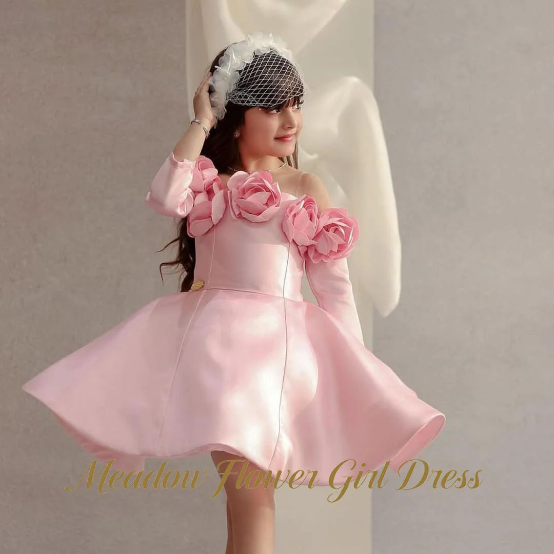 

Meadow Blush Pink Satin Girls Princess Dress Off Shoulder Modest Children Birthday Wedding Dresses Long Sleeve Flower Girl Dress