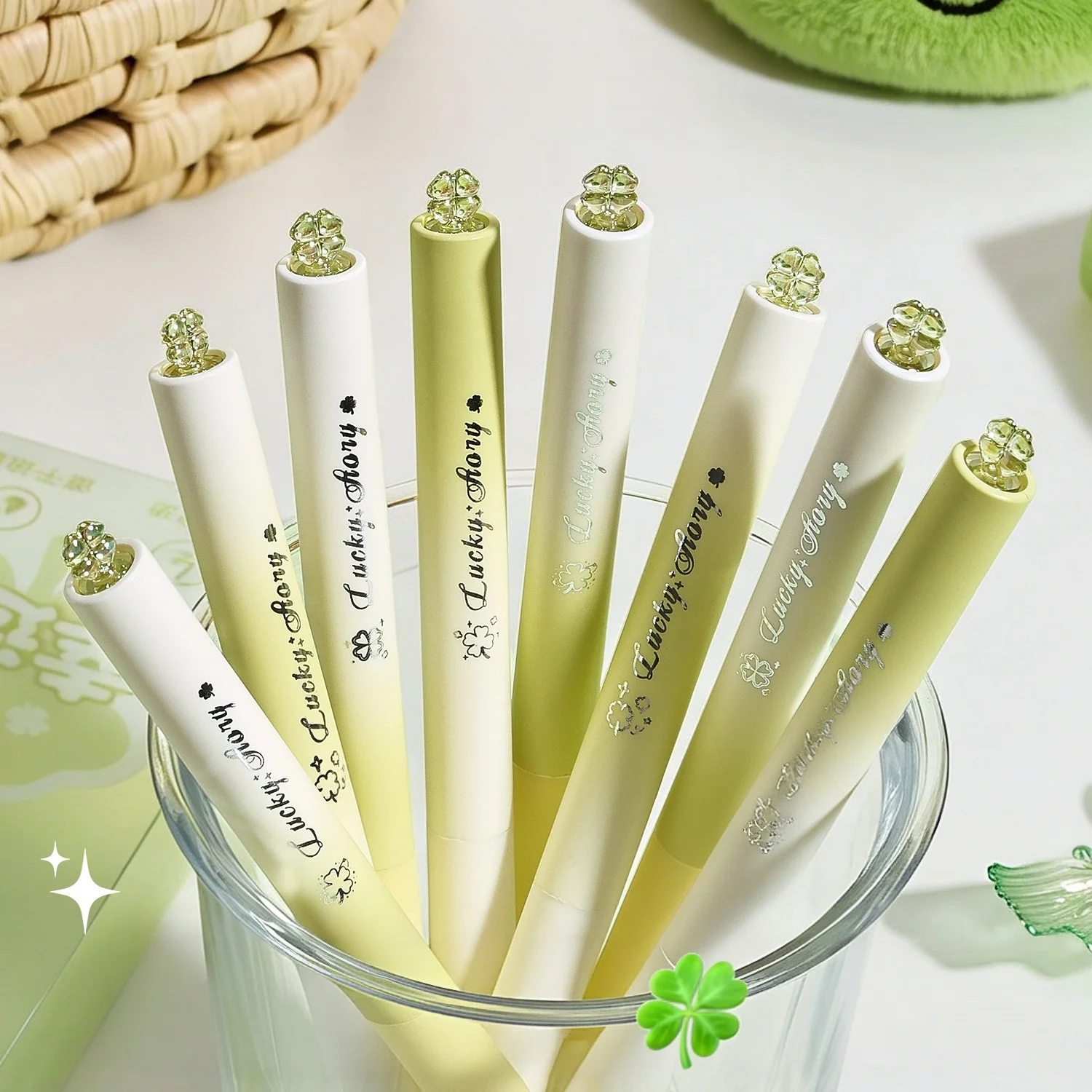 4pcs Crystal Four Leaves Grass Twist Gel Pens Green Gradient Expansion Pens Students Smooth Writing Pens For Office Daily Use