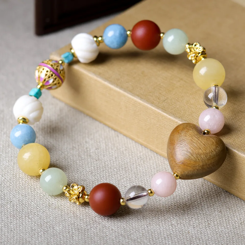 New Chinese Style Bracelet for Women with Sandalwood Heart Natural White Crystal Antler South Red Agate and Jade Gifts