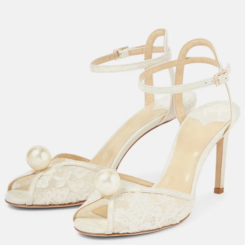 لؤلؤة اللمحة تو الدانتيل Slingback الصنادل مثير جولة اصبع القدم كعب رقيقة الوافدين الجدد أزياء النساء الأحذية الحديثة #6