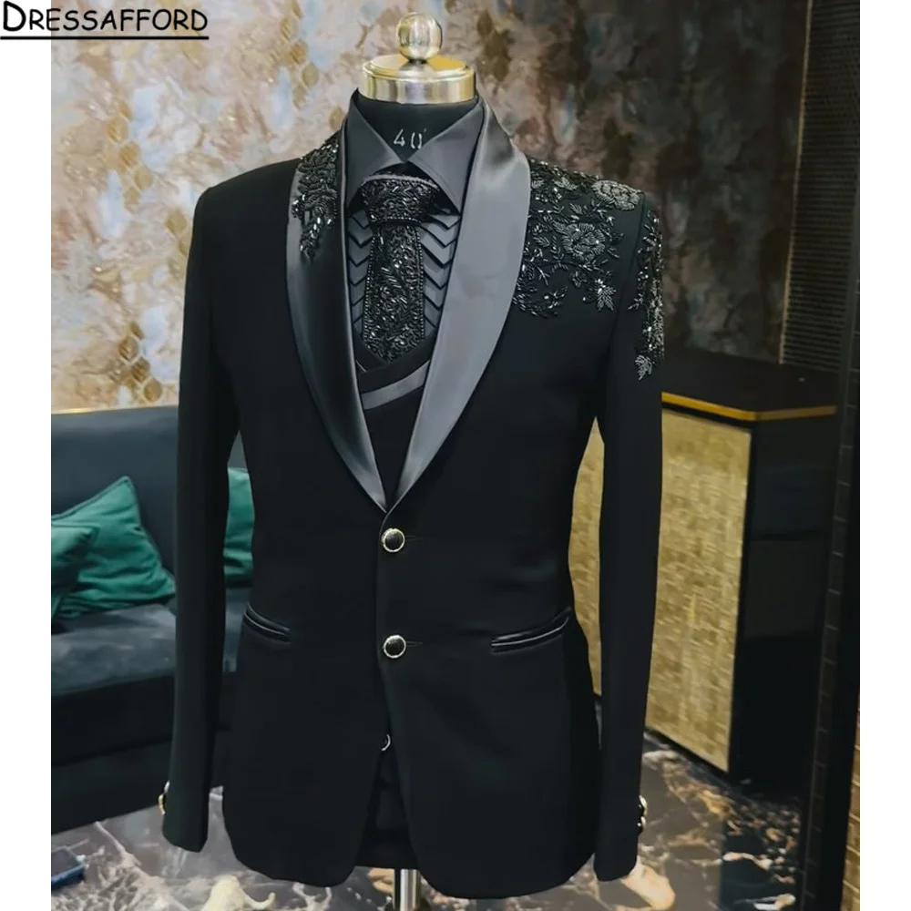 

Elegant Appliqued Two-piece Men's Suit for Wedding Banquet Host Dance Prom Christmas Costume Men Blazer Chinese Style