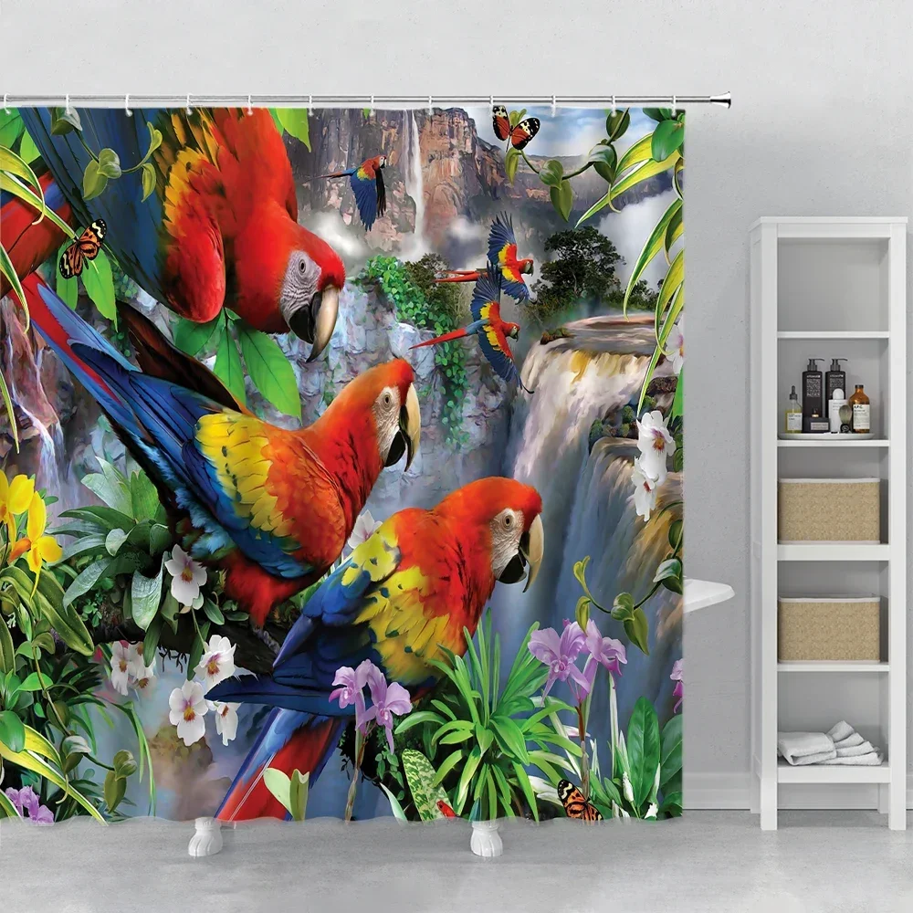 Aesthetic Landscape Forest Colorful Parrot Bird Shower Curtains Bathroom Set Curtains Bathroom Curtain Forest Waterfall Scenery