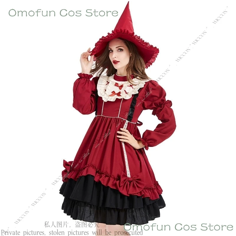 

Burgundy Lolita Witch Dress Princess Dress Halloween Witch Cosplay Costume Halloween Party Dresses+Skirts+Hats+Stockings Set