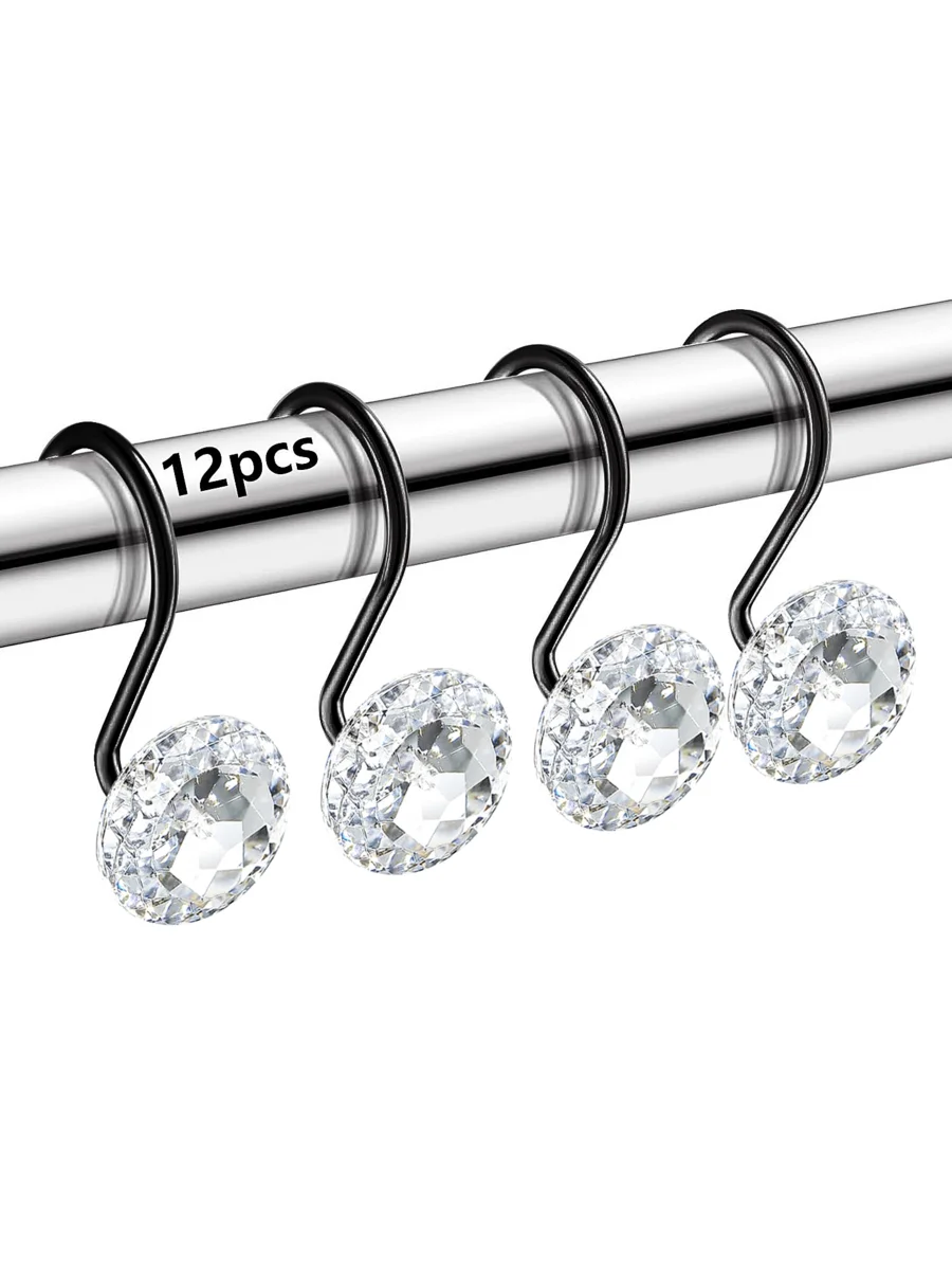 

12 Pieces Round Gem Bath Curtain Hook - Transparent Sequin Decorative Curtain Bath Curtain Metal Hook Room Decor Back To School