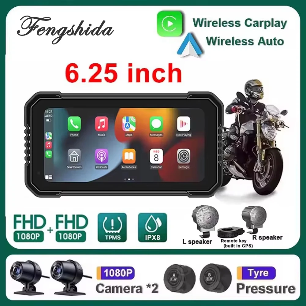 Waterproof Wireless Carplay For Motorcycle 6.25'' Android Auto Touch Screen With GPS TMPS Anti-shake Cameras Video Night Version