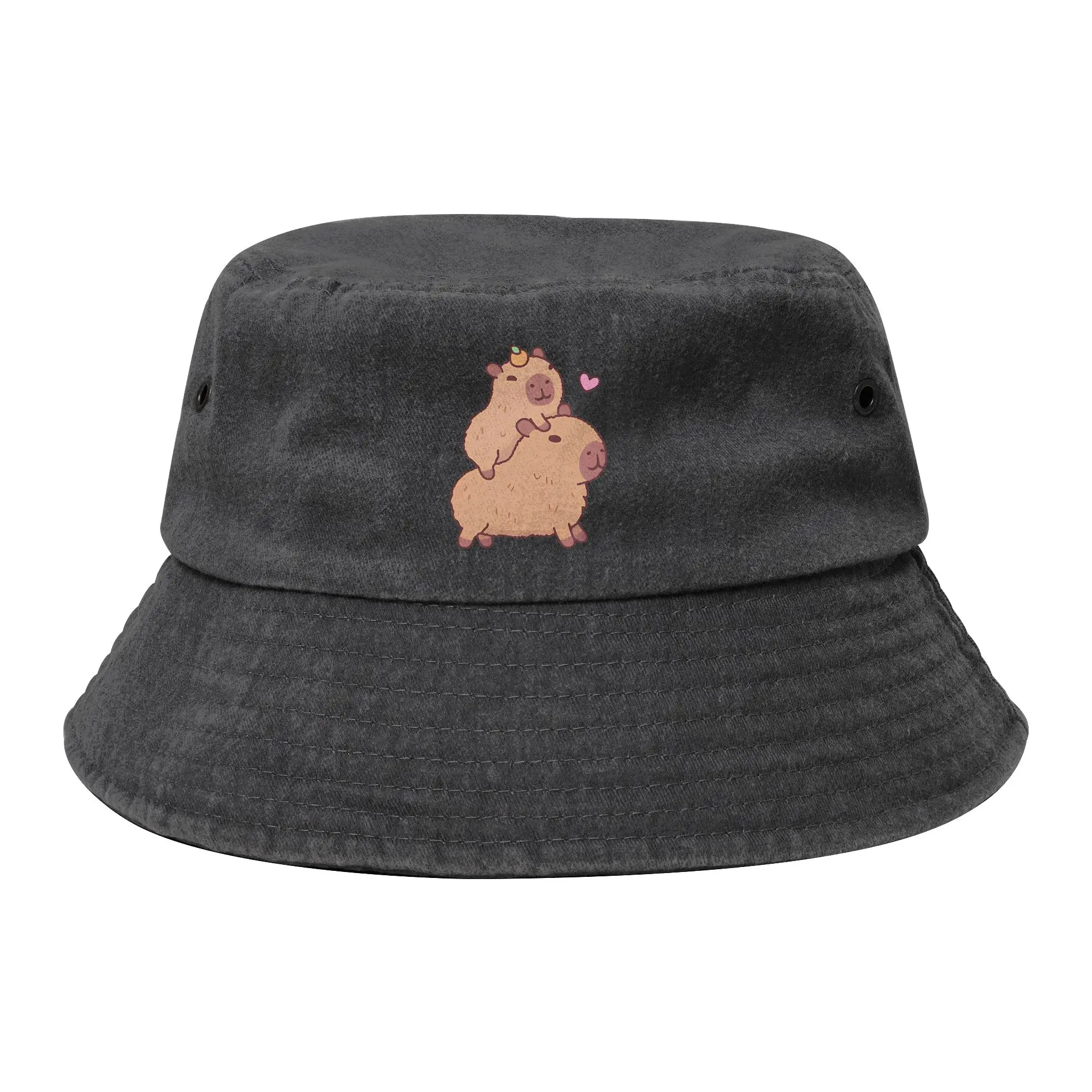 Cute Baby Capybara Hitching A Ride Bucket Hats Woman Outdoor Sport  Distressed Denim Fishing Fisherman Caps Travel Headwear Bob